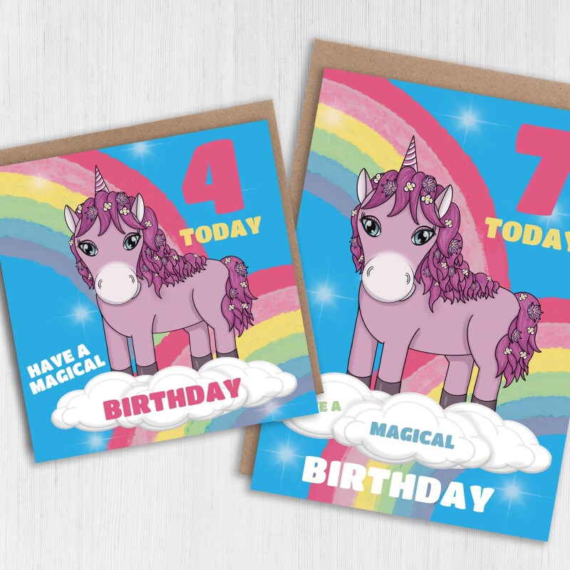 Have a magical birthday unicorn, rainbows, any age, 6th, 7th, 8th, 9th child's, children's, kids birthday card (Size A6/A5/A4/Square 6x6") - A6: Single card