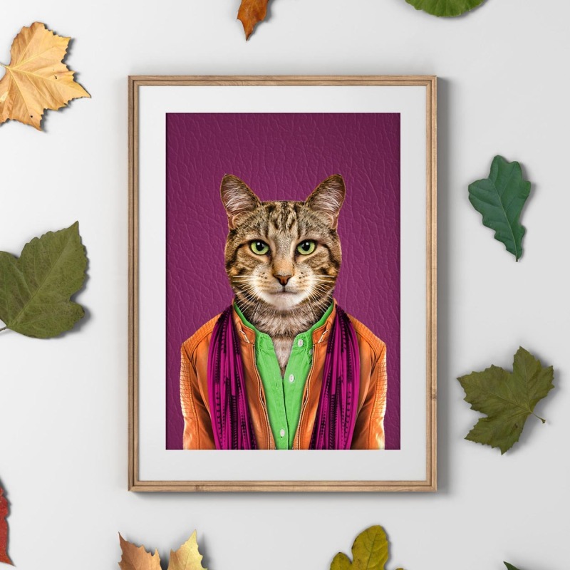 Cat in clothes, animal print, wall art - A5 - Glossy - Green