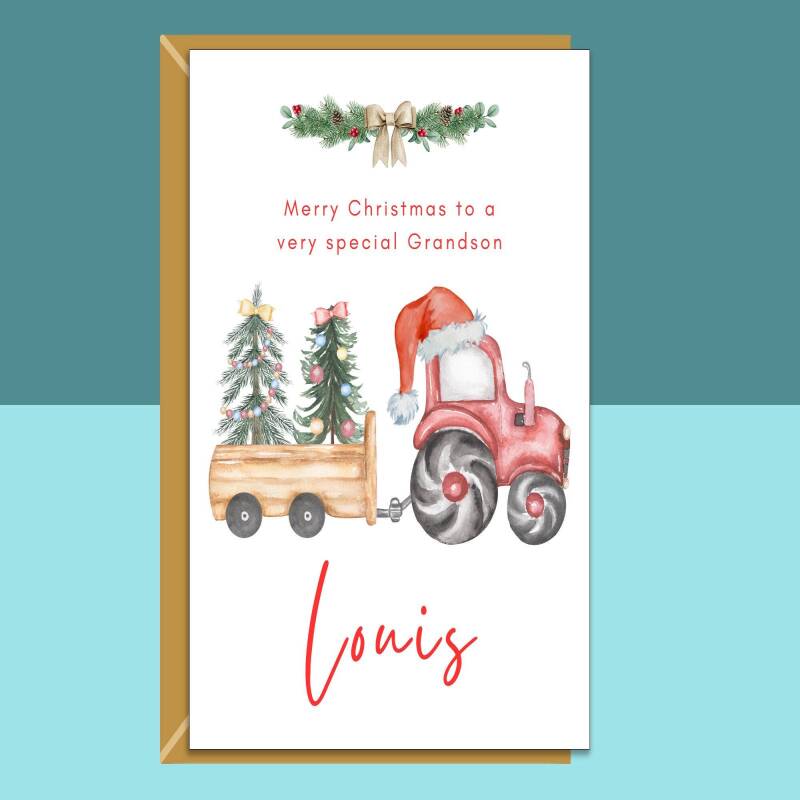 Grandson Tractor Christmas Card - Personalised - Custom Xmas Card for Gran son - Santa and Tractors - Blank inside - Regular