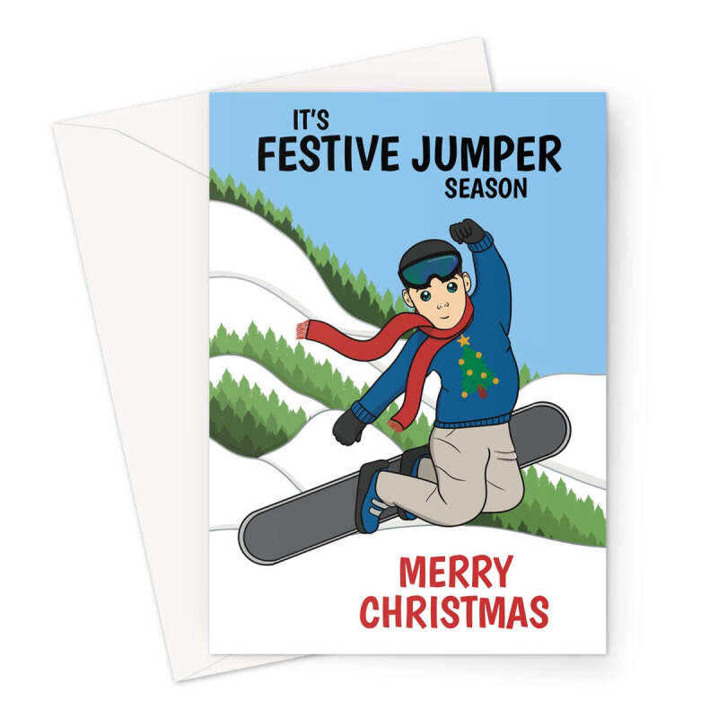 Snowboarding Christmas Jumper Greeting Card - A5 Portrait - 1 Card