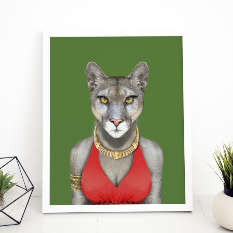 Cougar in clothes, animal print, wall art - A5 - Glossy - Green