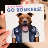 It's your birthday, go bonkers Staffy Staffordshire Bull Terrier dog, pet cute, funny birthday card (Animalyser) Size A6/A5/A4/Square