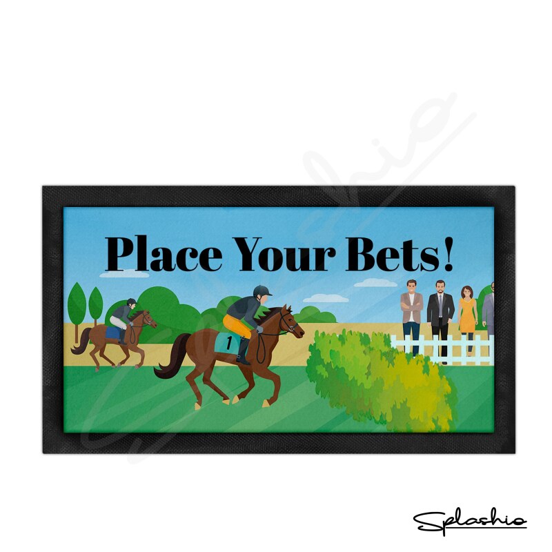 Bar Runner Mat, Horse Racing Home Bar Mat & 4 x Drinks Coasters Gift Set Garden Bar Sets / Personalised Mats Home Bar - Place Your Bets - Set of 4 Coasters