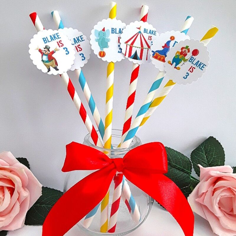 6 Circus Straws,Any Age Circus Theme Birthday Straws,Circus Birthday Party Decor - Red, blue, yellow mix