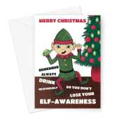 Funny Elf Drinking Christmas Card