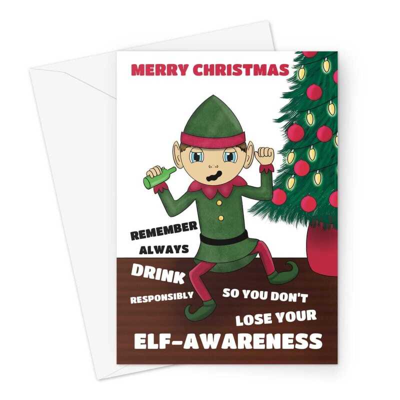 Funny Elf Drinking Christmas Card - A5 Portrait - 1 Card