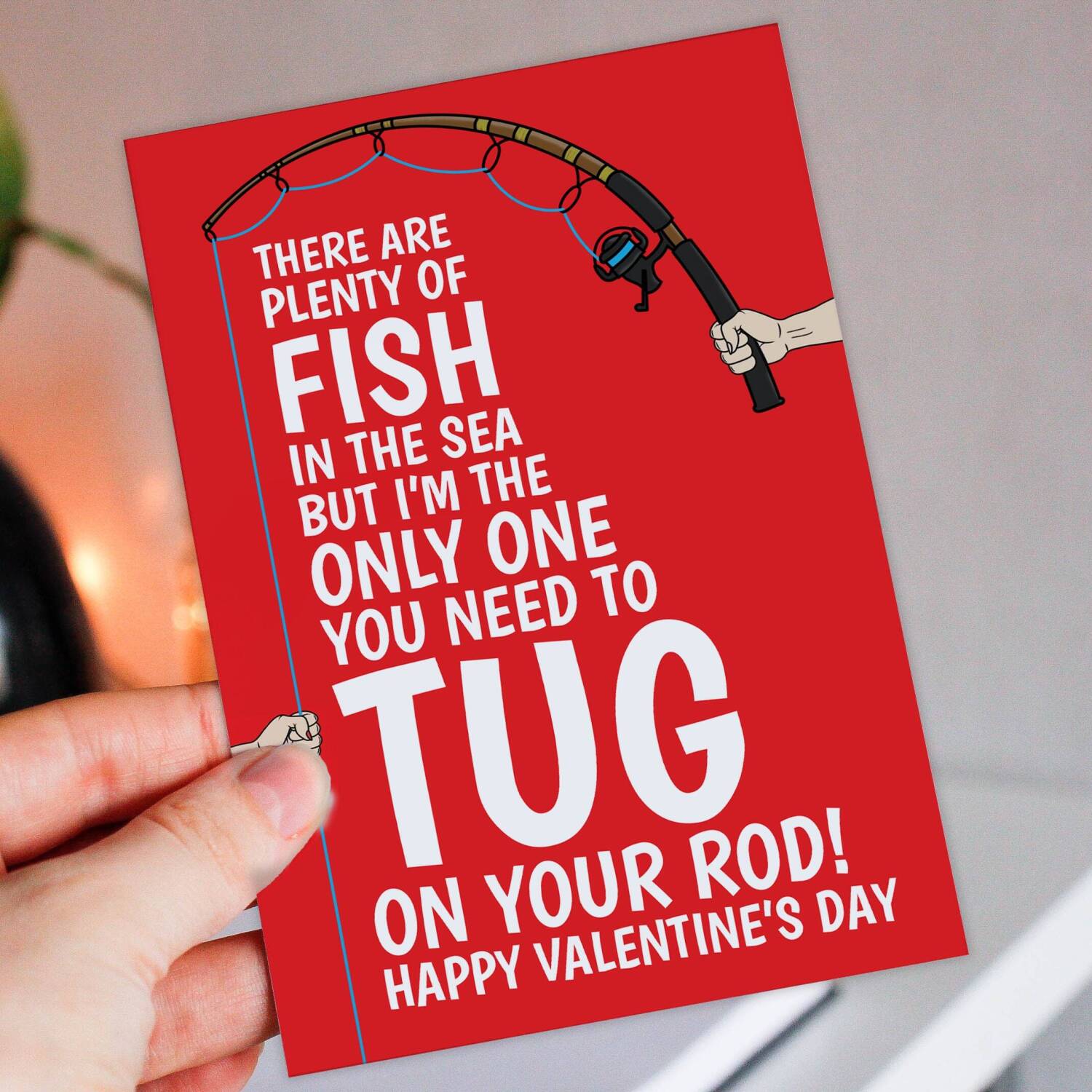 Tug on my rod, tug on your rod funny, rude, fishing Valentine's Day card for wife, husband, girlfriend, boyfriend, partner (Size A6/A5/A4) - A6: Single card - Red