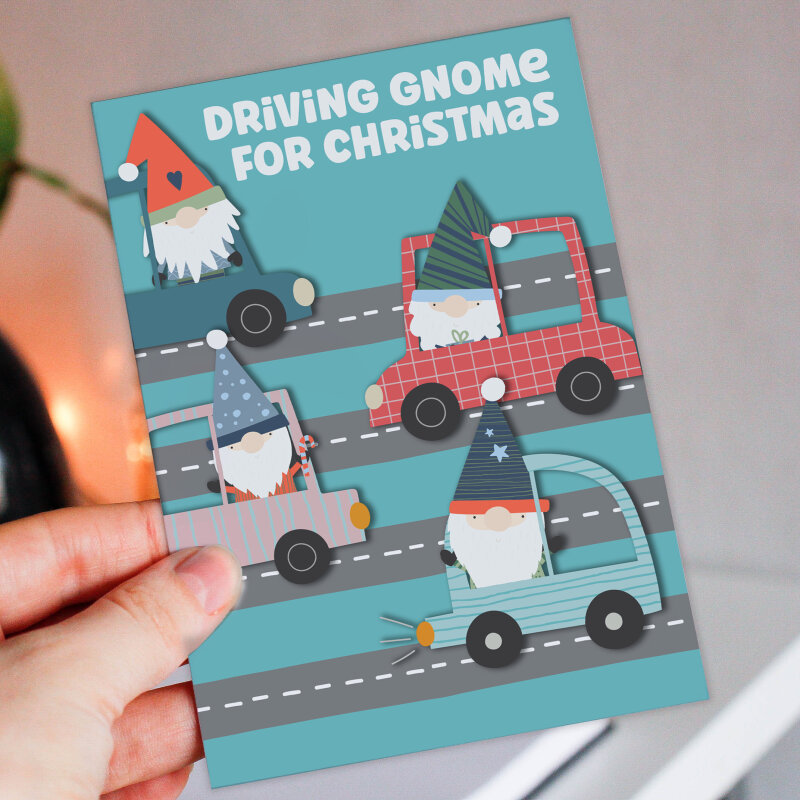 Driving gnome for Christmas funny gnome, gnomes, cute festive song, Holidays, Xmas card (Size A6/A5/A4/Square 6x6") - A6: Single card