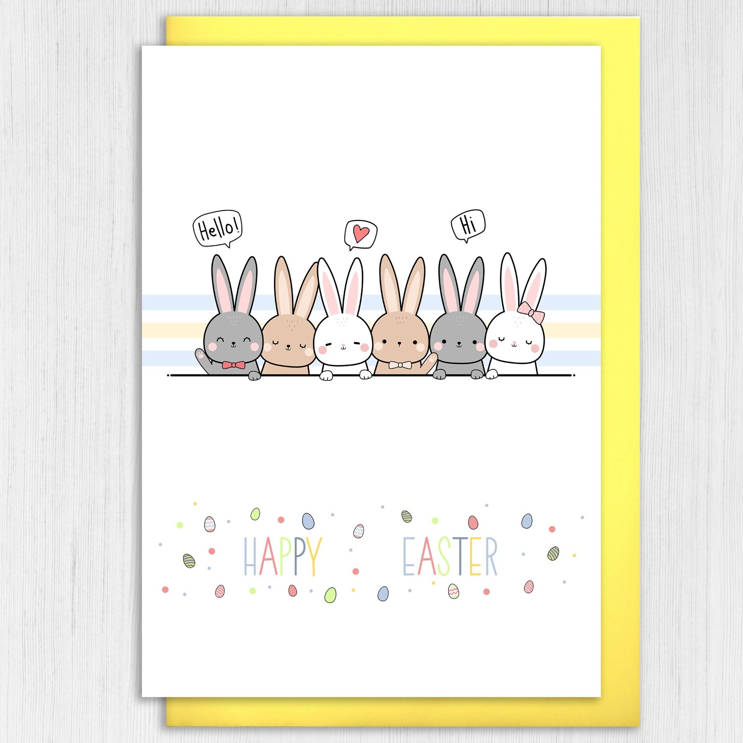 Bunny rabbits and colourful eggs Happy Easter Sunday cute card for any age, adults and children (Size A6/A5/A4/Square 6x6") - A6: Single card