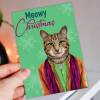 Meowy, Merry Christmas cute cat in clothes, kitten, feline Christmas, Holidays, Xmas, festive card (Animalyser) (Size A6/A5/A4/Square 6x6") - A6: Single card