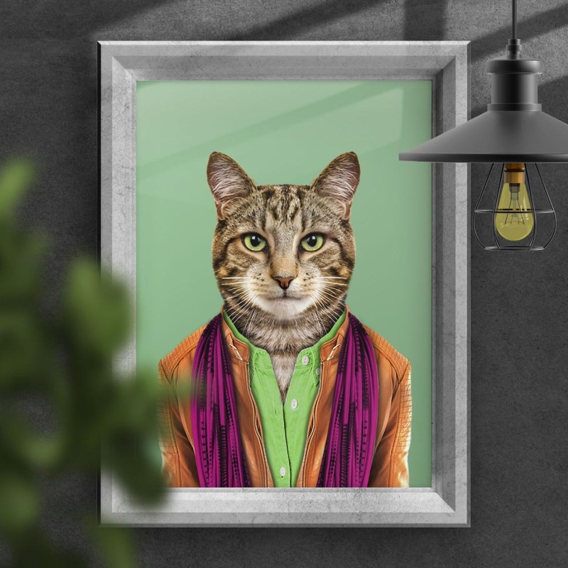 Cat in clothes, animal print, wall art - A5 - Glossy - Green