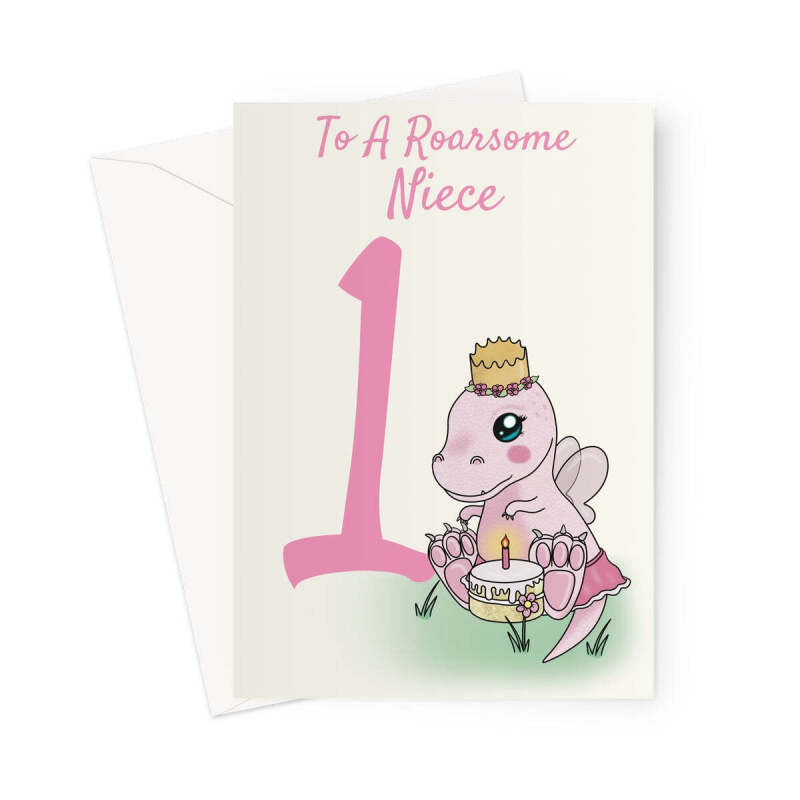 Cute 1st Birthday Card For A Niece - Fairy Dinosaur - A5 Portrait - 1 Card