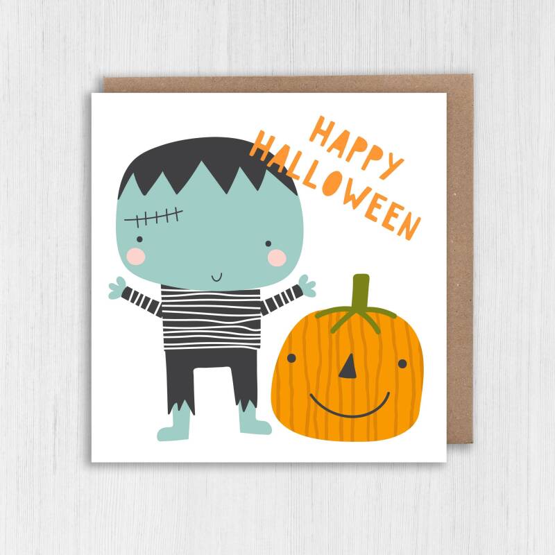 Zombie and pumpkin cute Happy Halloween, All Hallow's Eve card for children, kids, adults, all ages (Size A6/A5/A4/Square 6x6") - A6: Single card