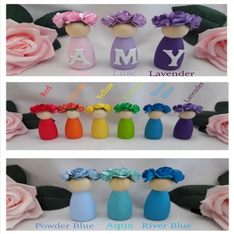 Personalised Wooden Peg Dolls,New Baby Gift,Pink & Grey Nursery,Flowergirl gift - With letters