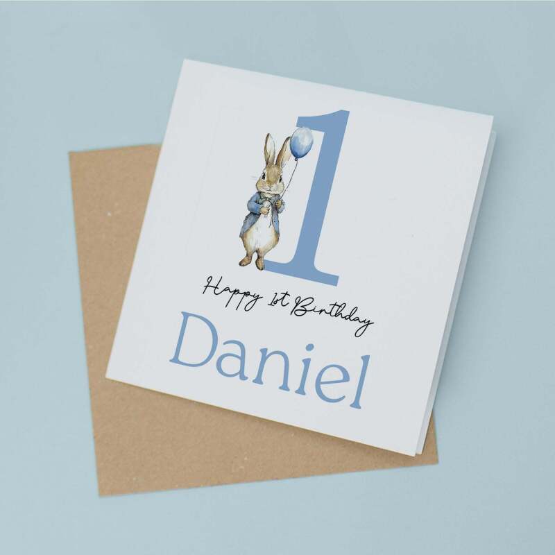 Personalised Boys 1st Birthday Card For Boy Featuring A Cute Bunny In Blue Custom First Birthday Gift - Square (5.5x5.5) / Blank Inside