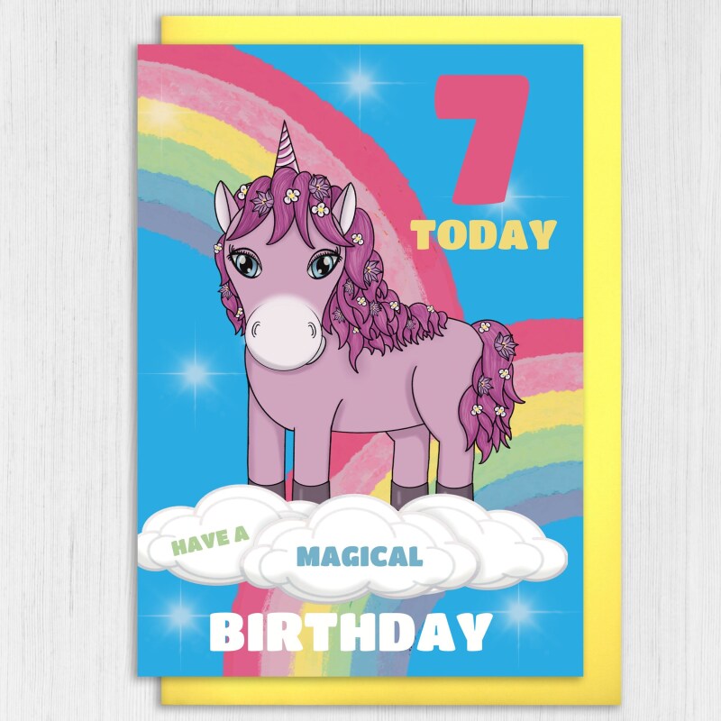 Have a magical birthday unicorn, rainbows, any age, 6th, 7th, 8th, 9th child's, children's, kids birthday card (Size A6/A5/A4/Square 6x6") - A6: Single card