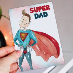 Super Dad watercolour effect superhero Father’s Day card for dad, daddy, father from son, daughter, children (Size A6/A5/A4/Square 6x6") - A6: Single card