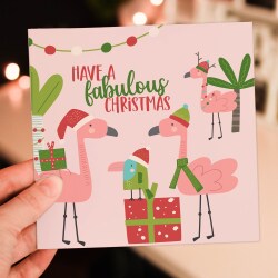 Have a fabulous Christmas flamingos fab Xmas, Holidays, festive card for female, sister, auntie, gay, LGBTQ+ (Size A6/A5/A4/Square 6x6") - A6: Single card