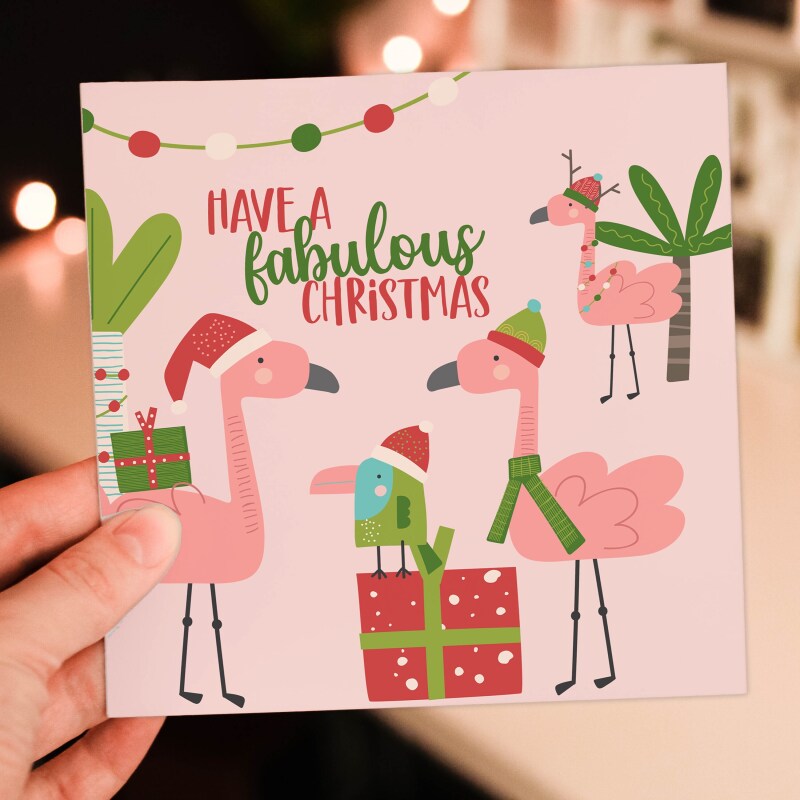 Have a fabulous Christmas flamingos fab Xmas, Holidays, festive card for female, sister, auntie, gay, LGBTQ+ (Size A6/A5/A4/Square 6x6") - A6: Single card