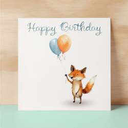 Birthday Card for Child Birthday Card For Kids Birthday Card For Her or Him Cute Fox Birthday Card With Birthday Balloons For Boy or Girl - Square (6x6) / Blank Message