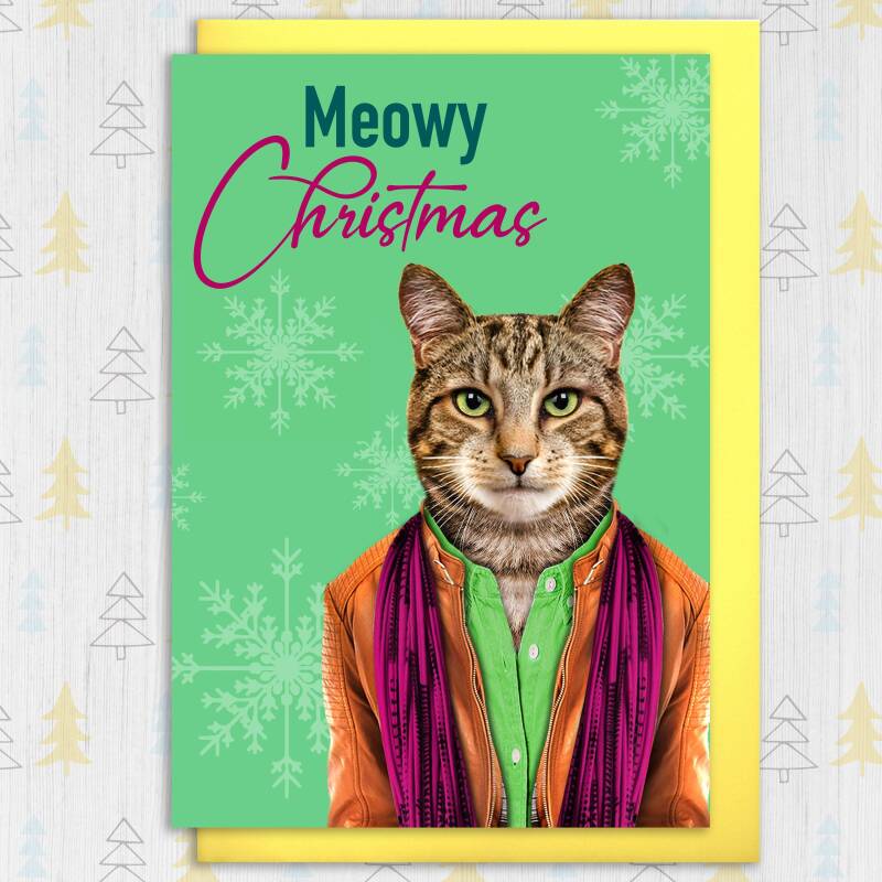 Meowy, Merry Christmas cute cat in clothes, kitten, feline Christmas, Holidays, Xmas, festive card (Animalyser) (Size A6/A5/A4/Square 6x6") - A6: Single card