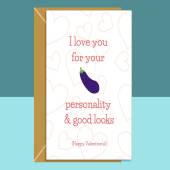 Funny Valentine's Card for Him - From Boyfriend or Girlfriend, husband or wife - Ideal cheeky, adult, eggplant emoji card this Valentines.