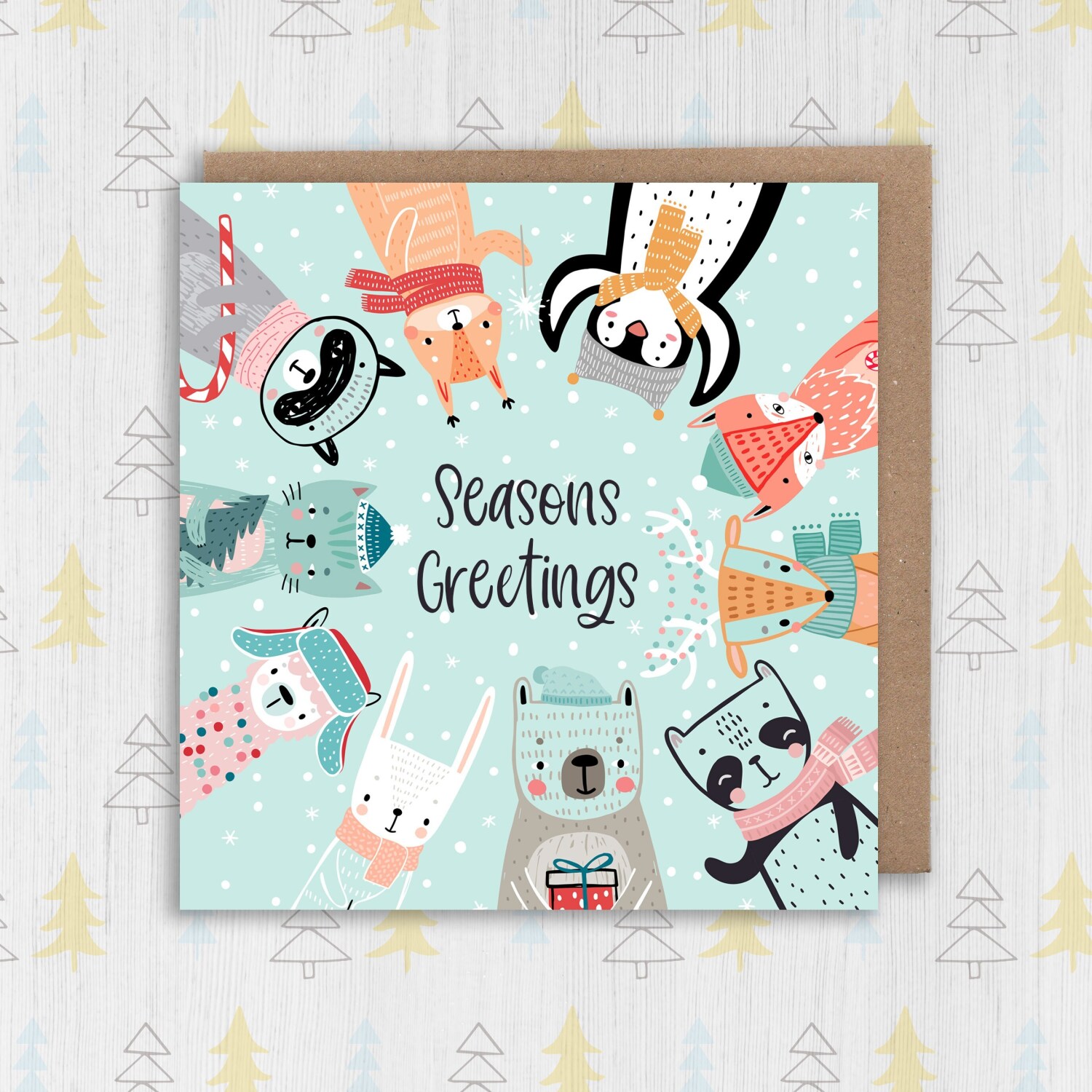 Seasons Greetings cute woodland animals Christmas, Holidays, Xmas, festive card for friends, mates, neighbours (Size A6/A5/A4/Square 6x6") - A6: Single card