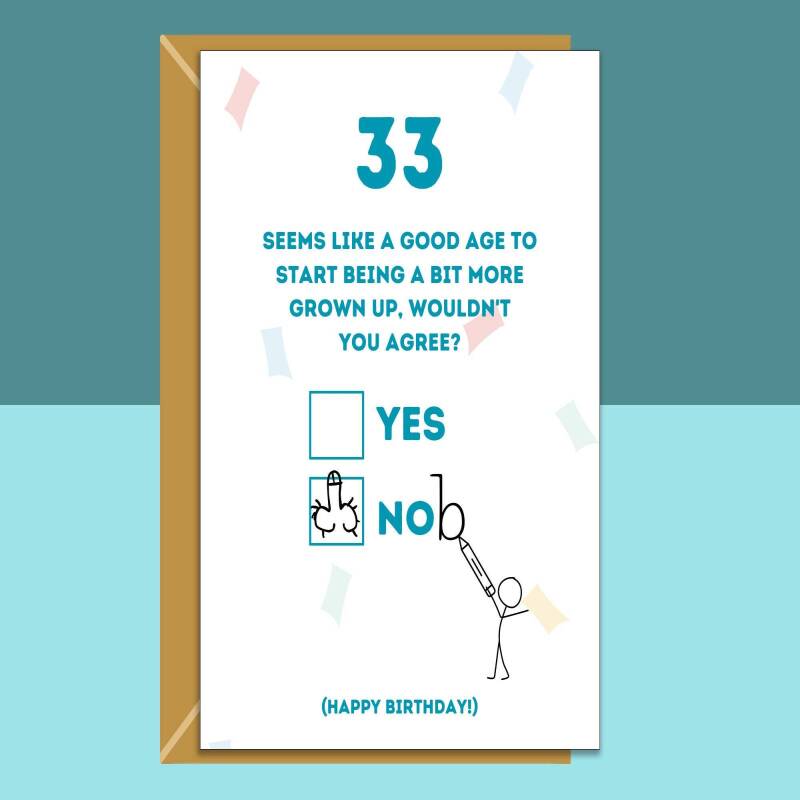 Funny 33rd Birthday Card - For him or her - Ideal for brother, sister, colleague, friend, anyone turning 33 years old - Can be personalised - Blank Inside - Regular