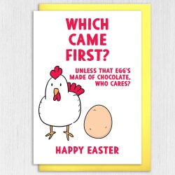 Which came first, the chicken or the egg funny Easter Sunday joke card for any age, adults and children (Size A6/A5/A4/Square 6x6") - A6: Single card