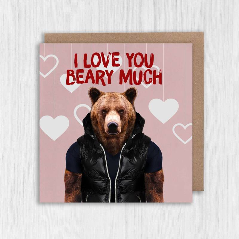 I love you beary much bear in clothes anniversary, love, bear pun card for wife, husband, partner (Animalyser) (Size A6/A5/A4/Square 6x6") - A6: Single card