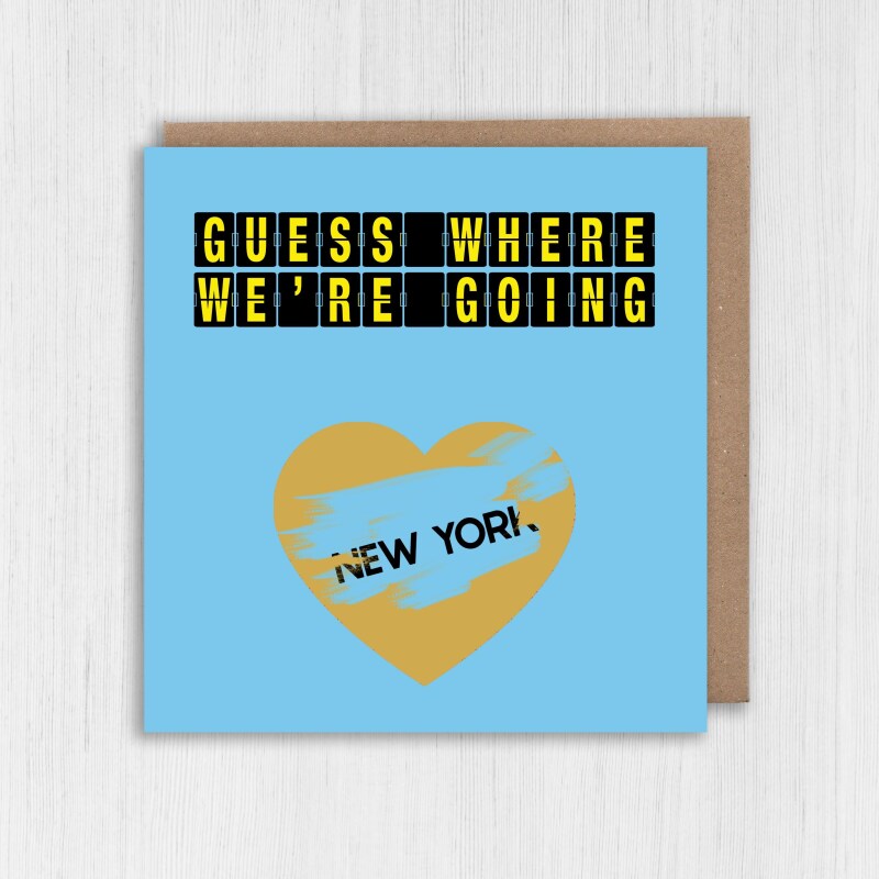 Scratch off and reveal card: Holiday, vacation, surprise destination in a choice of colours, any destination, airport departure board design - Blue - Gold