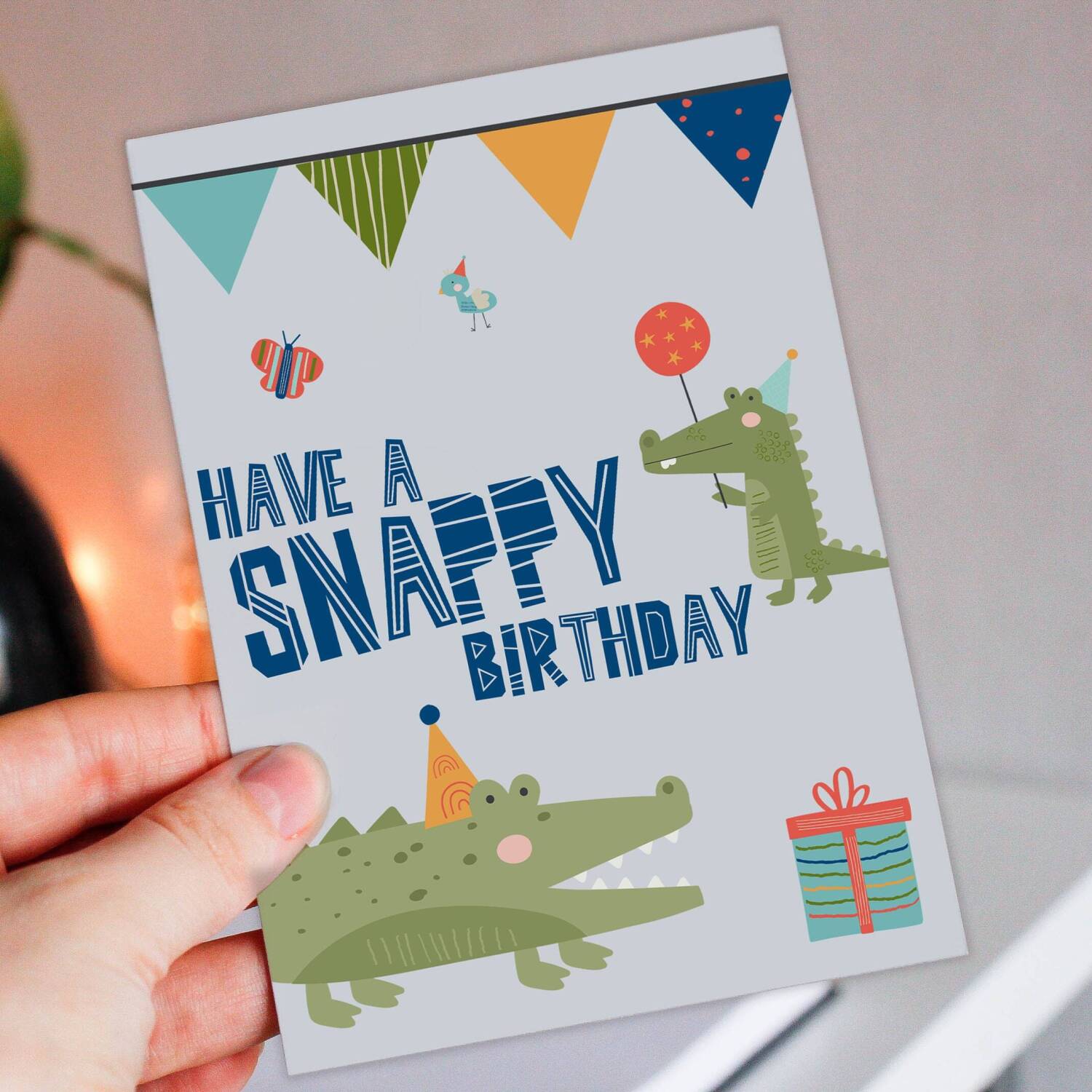 Crocodile, alligator children, child, kid, boy, girl birthday card: Have a snappy birthday (Size A6/A5/A4/Square 6x6") - A6: Single card