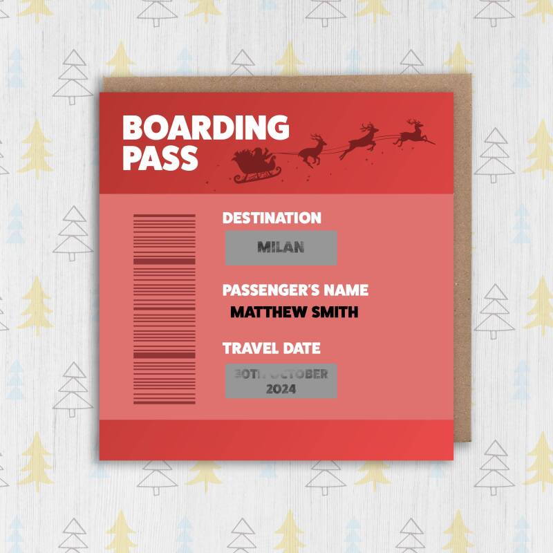 Christmas scratch off and reveal card: Holiday, vacation, surprise destination, any destination, any name, any date boarding pass design - Square: Single card