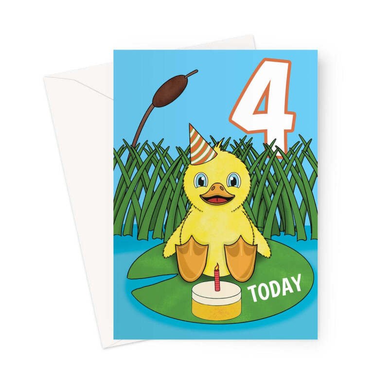 Cute Duckling 4th Birthday Card - A5 Portrait - 1 Card