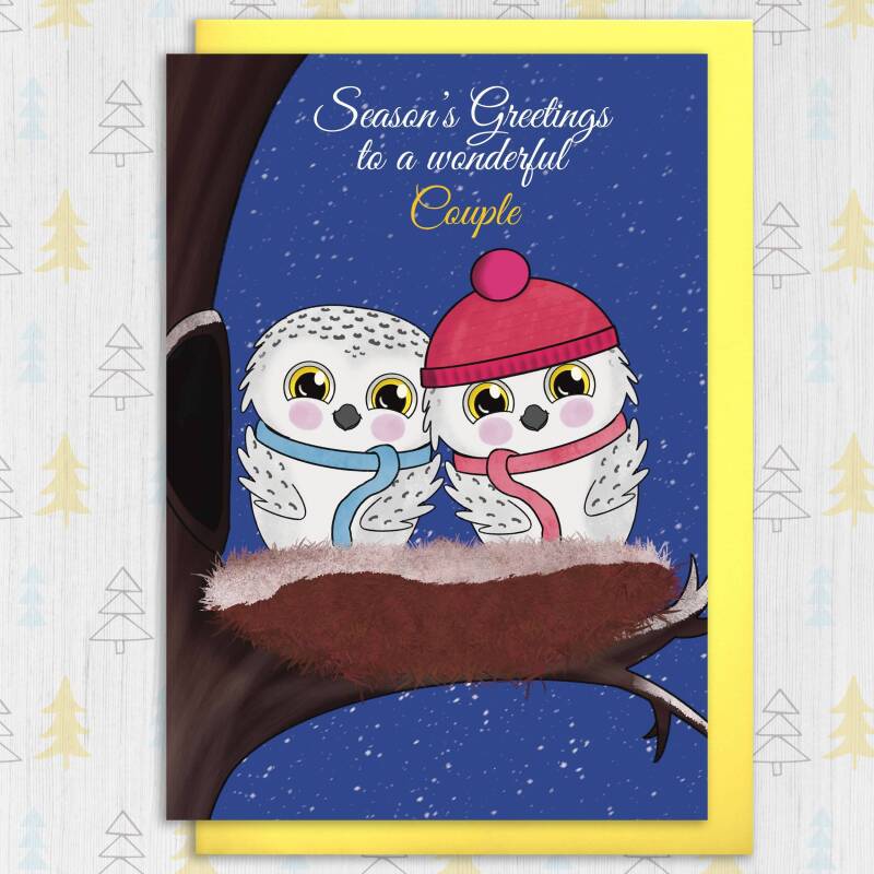 Season's Greetings to a wonderful couple personalised owls Christmas, Holidays, Xmas, festive card for couple, in-laws (Size A6/A5/A4) - A6: Single card