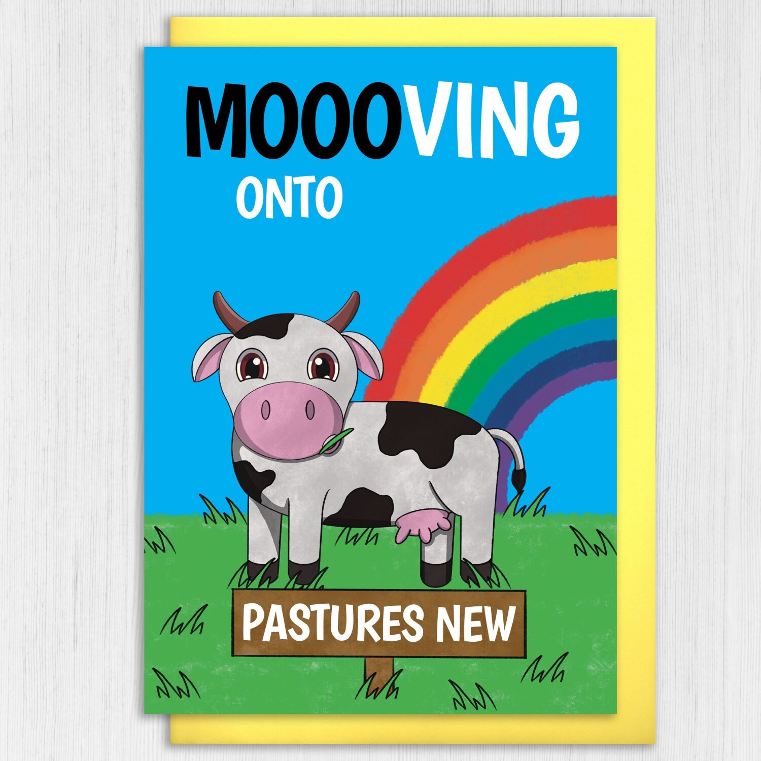 Moooving onto pastures new funny cow, moo pun, rainbow, new home, moving, new job, leaving work colleague card (Size A6/A5/A4/Square 6x6") - A6: Single card