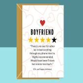 Funny Boyfriend Birthday Card - 4 Stars - No one i'd rather lay in bed scrolling my phone next to - Fit - Snores too much - Boyfriend