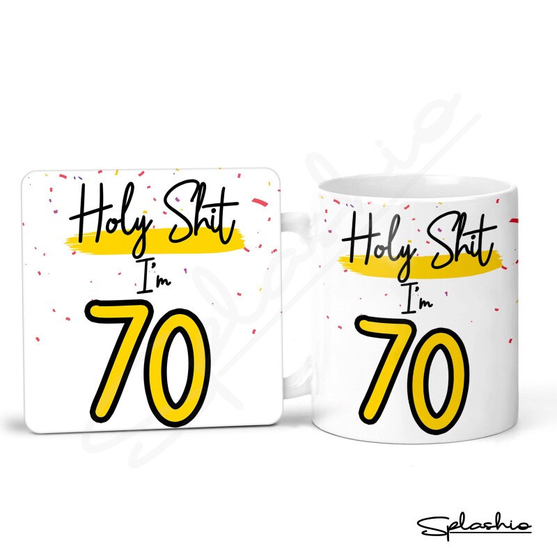 Holy Shit I'm 70, Birthday Mug, Special 70th Birthday Mug, 70th Gift. His Birthday - Her Birthday - 70th Special Occasion add a Coaster - Single Mug