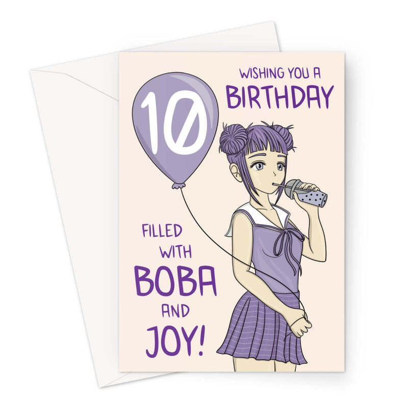 10th Birthday Card For Her - Anime Girl - Bubble Tea - A5 Portrait - 1 Card