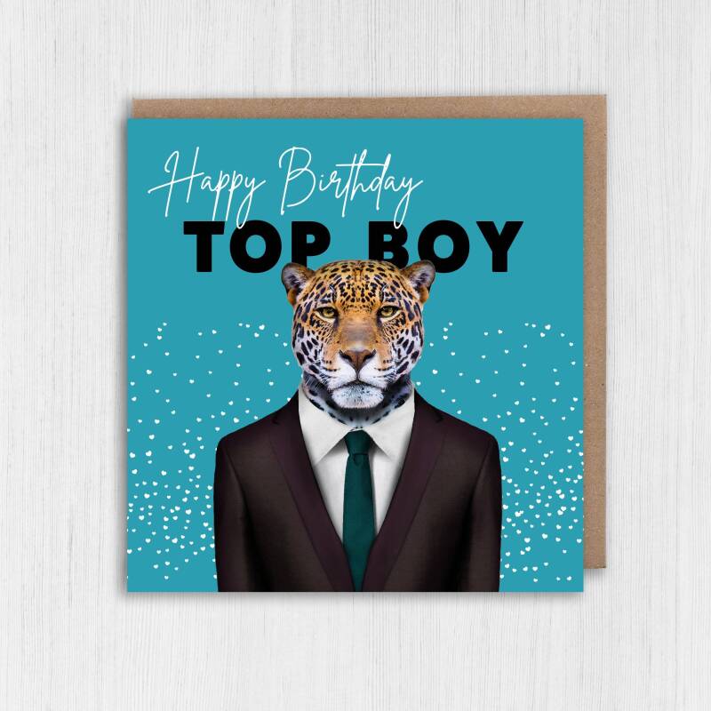 Happy Birthday Top Boy Jaguar animal in clothes card for boyfriend, husband, male, brother (Animalyser) Size A6/A5/A4/Square - A6: Single card