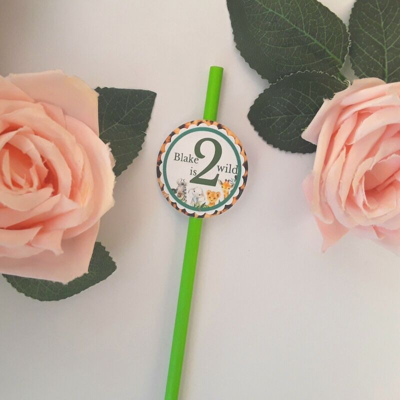 6 Personalised Wild One Straws,Baby Safari 2nd Birthday,Wild One Birthday Party - Green