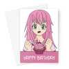 Happy Birthday Card - Cute Anime Girl With Pink Cupcake - A5 Greeting Card - A5 Portrait - 1 Card