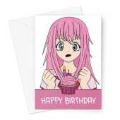 Happy Birthday Card - Cute Anime Girl With Pink Cupcake - A5 Greeting Card