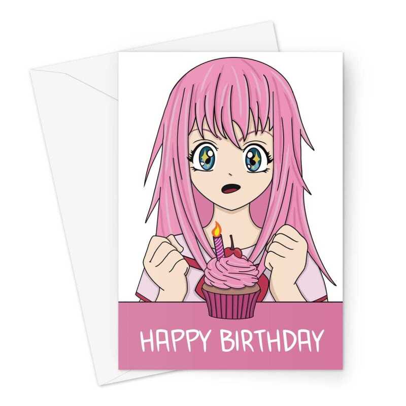 Happy Birthday Card - Cute Anime Girl With Pink Cupcake - A5 Greeting Card - A5 Portrait - 1 Card