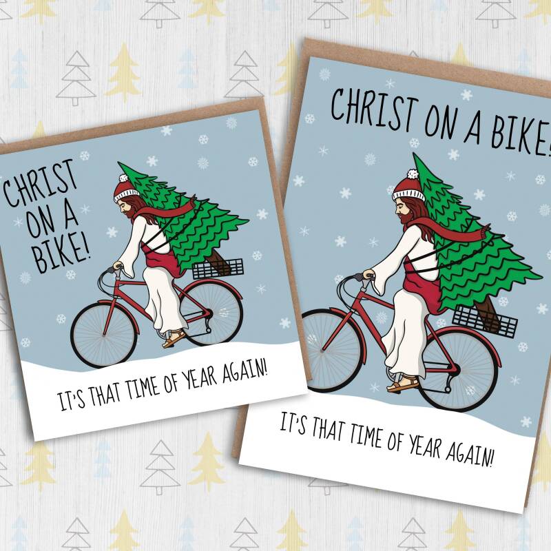 Christ on a Bike funny, rude, offensive, anti-religious, blasphemous Christmas, festive, holidays, Xmas card (Size A6/A5/A4/Square 6x6") - A6: Single card