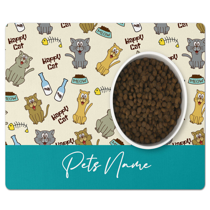 Cat Bowl Mat, Personalised Pet Bowl Mat, Customised Bowl Mat, Cat Food Mat, Puppy Bowl Mat, Cat Kitten Mat, Cat Mat Gift, Cat Lover Gift Mat - Aqua