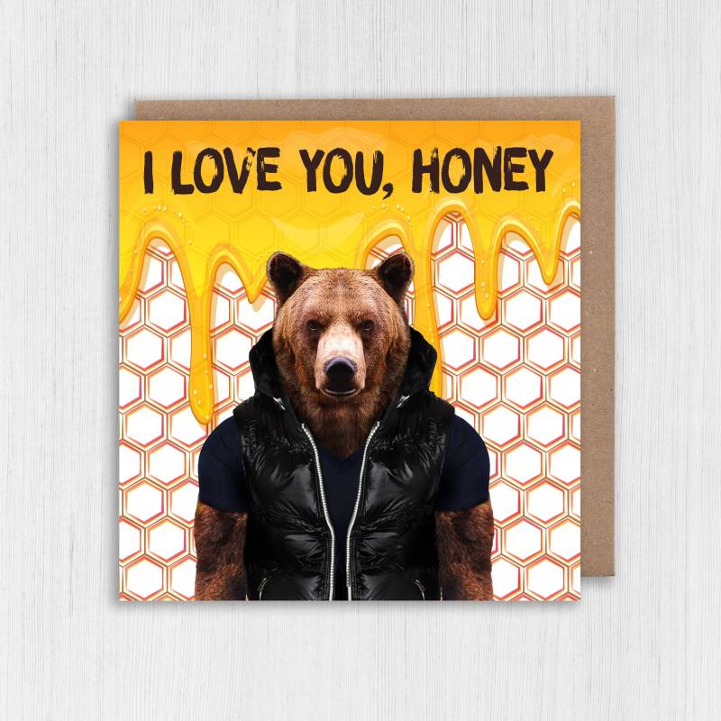 I love you honey bear in clothes Valentine's Day card for wife, husband, girlfriend, boyfriend (Animalyser) (Size A6/A5/A4/Square 6x6") - A6: Single card