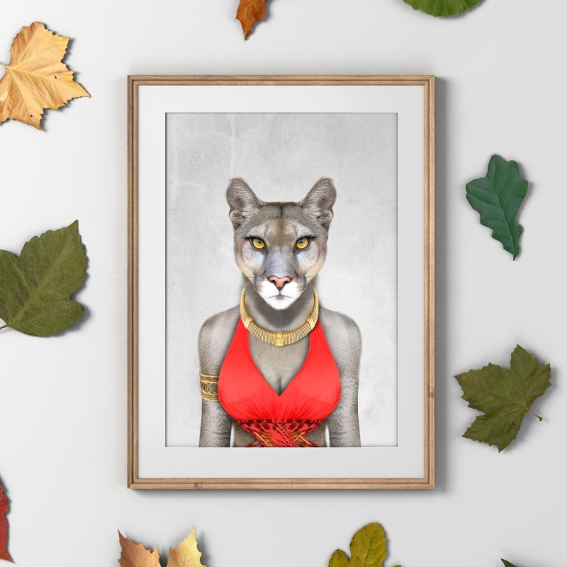 Cougar in clothes, animal print, wall art - A5 - Glossy - Green