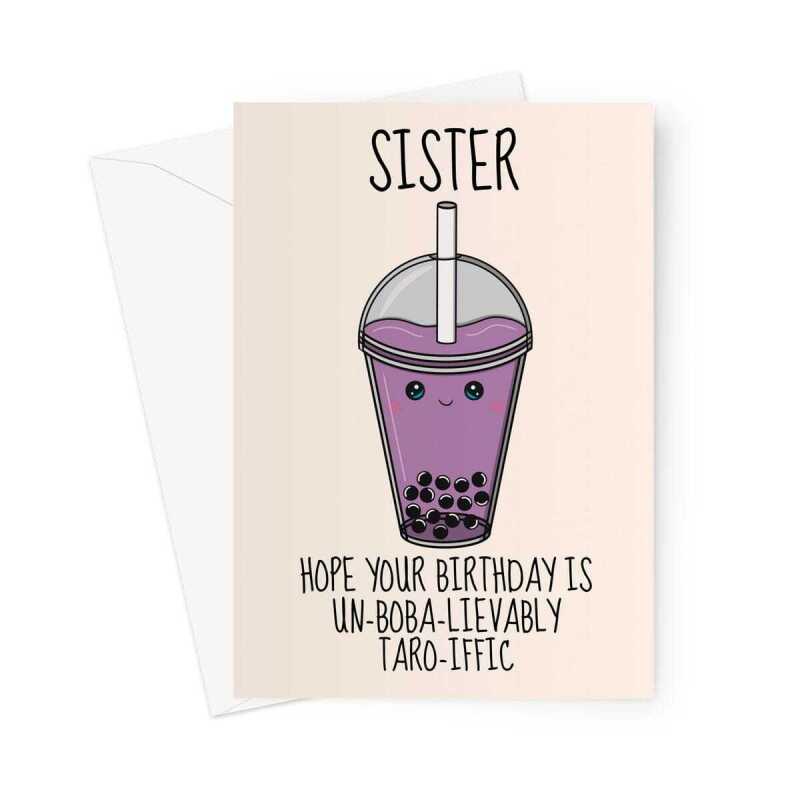 Cute Bubble Tea Birthday Card For Sister - Taro Boba - A5 Portrait - 1 Card