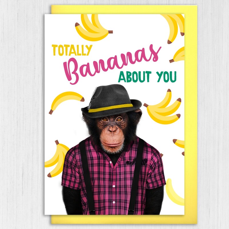 Totally bananas about you monkey in clothes anniversary card for wife, husband, girlfriend, boyfriend (Animalyser) Size A6/A5/A4/Square 6x6" - A6: Single card